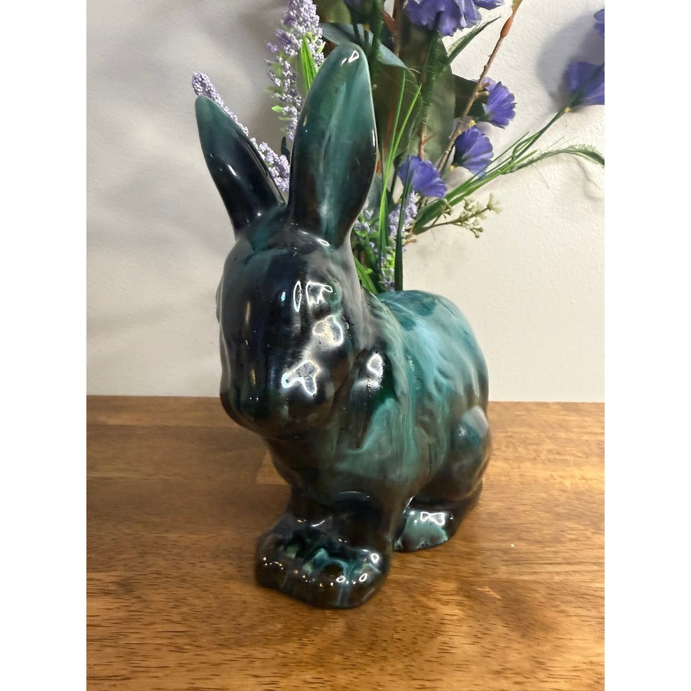 Vintage MCM Ceramic Rabbit Figurine Green Black Drip Glaze Bunny Figure